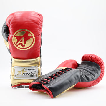 Angeles elite pro triple cuff lace up boxing gloves - red / metallic gold / black