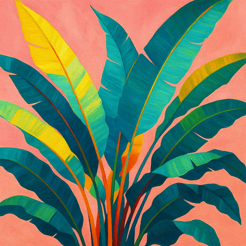 Tropical leaves with green and yellow on a pink background