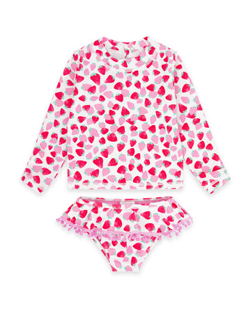 Colorful Feather 4 Arrow Sandy Toes rashguard swim set for kids with long sleeves and fun tropical print, suitable for swimming and beachwear.