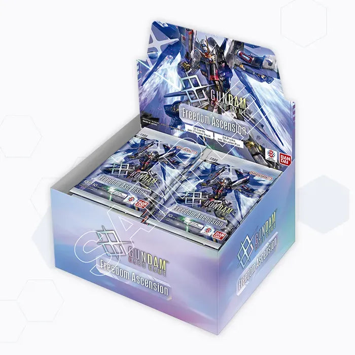 Gundam Card Game Freedom Ascension Booster Display GD-05 in englischer Sprache mit 24 Boosterpacks der Jubiläumserweiterung zum 30. Jubiläum von Mobile Suit Gundam Wing und 45. Gundam-Jubiläum