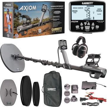 Garrett Axiom Pro Gold Pulse Induction Metal Detector with 11" Mono Coil, 13"x11" DD Coil, Wireless Headphones, Battery Booster & Travel Pack