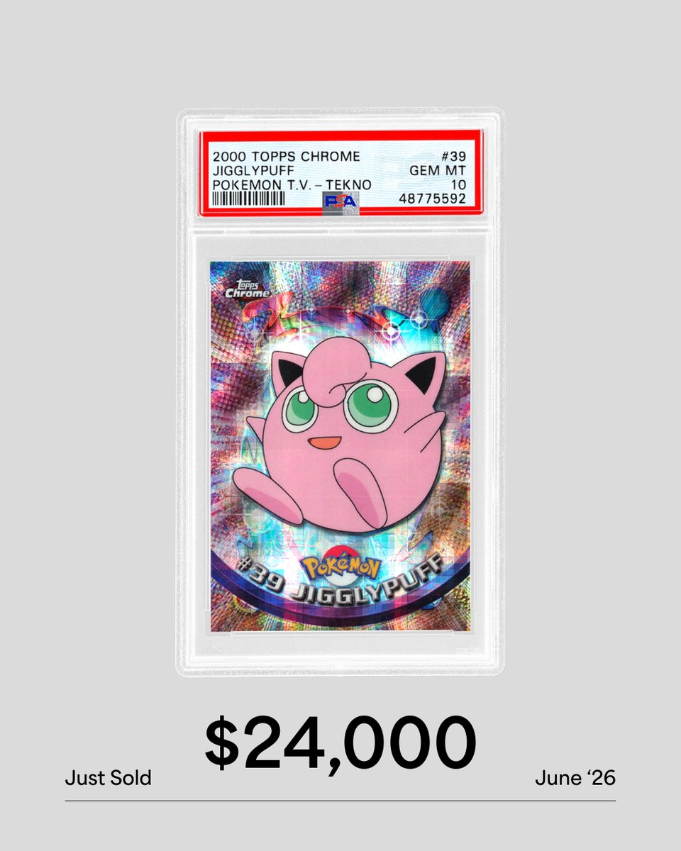 This is now the most valuable Jigglypuff card in the world. From the 2000 Topps Chrome Pokémon T.V. set, this Pop 2 PSA 10 Jigglypuff just sold for a record $24,000, making