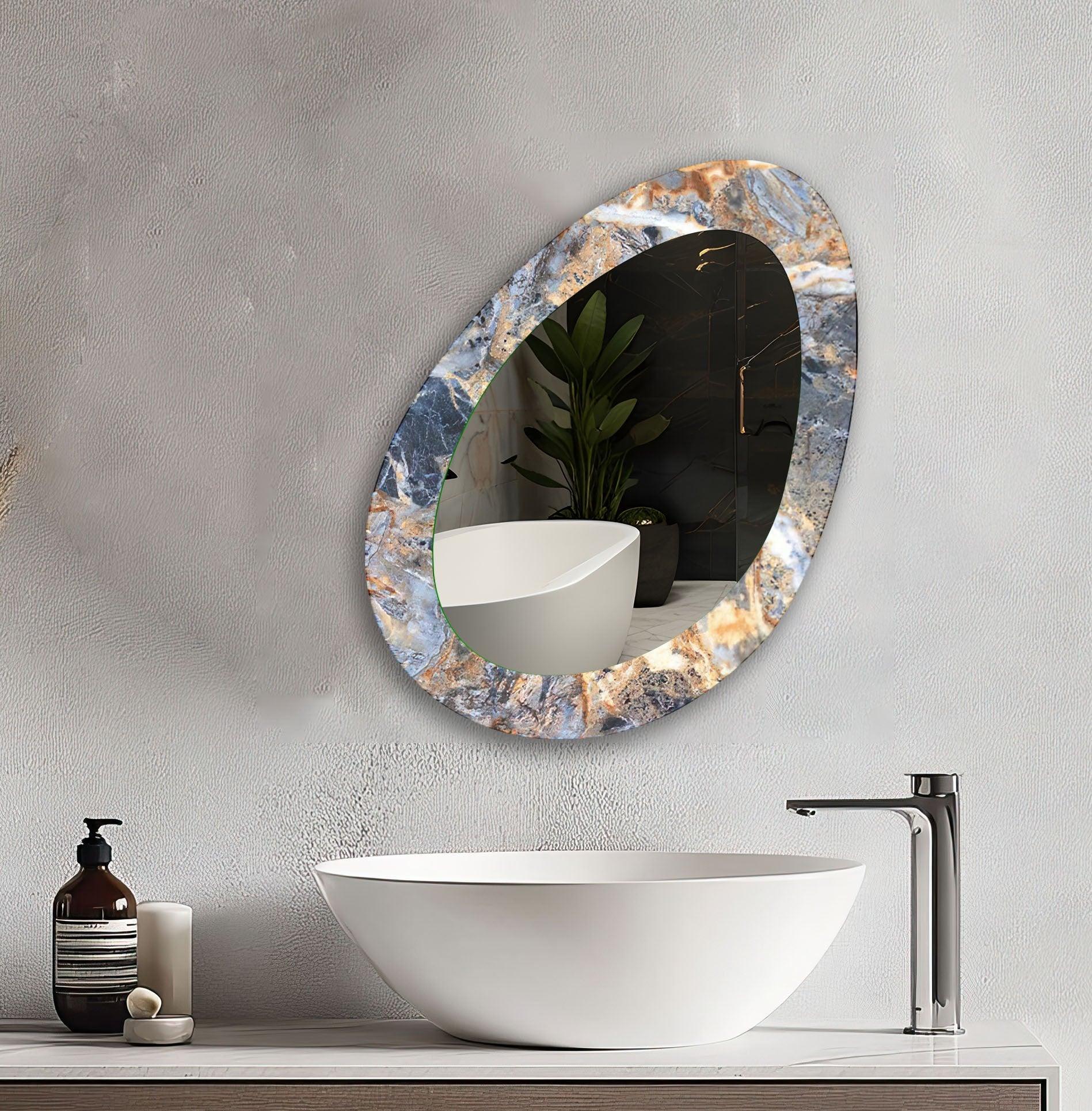 The realistic detail of the marble oval large wall mirror is captured with this modern mirror reflecting a luxury bathroom with a white basin and a black accent wall.