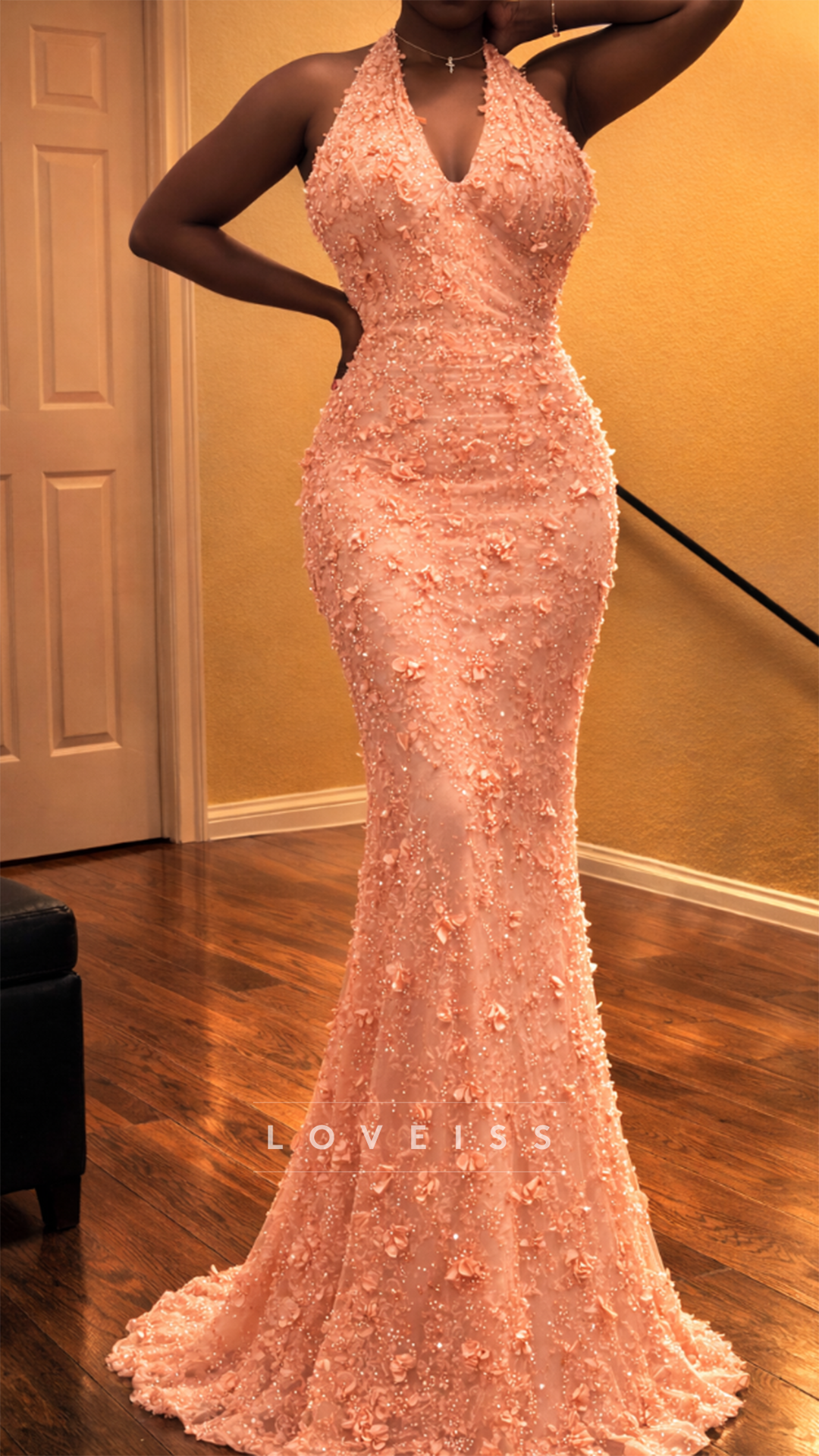 Halter V-Neck Sleeveless Floral Appliques Mermaid Prom Dress