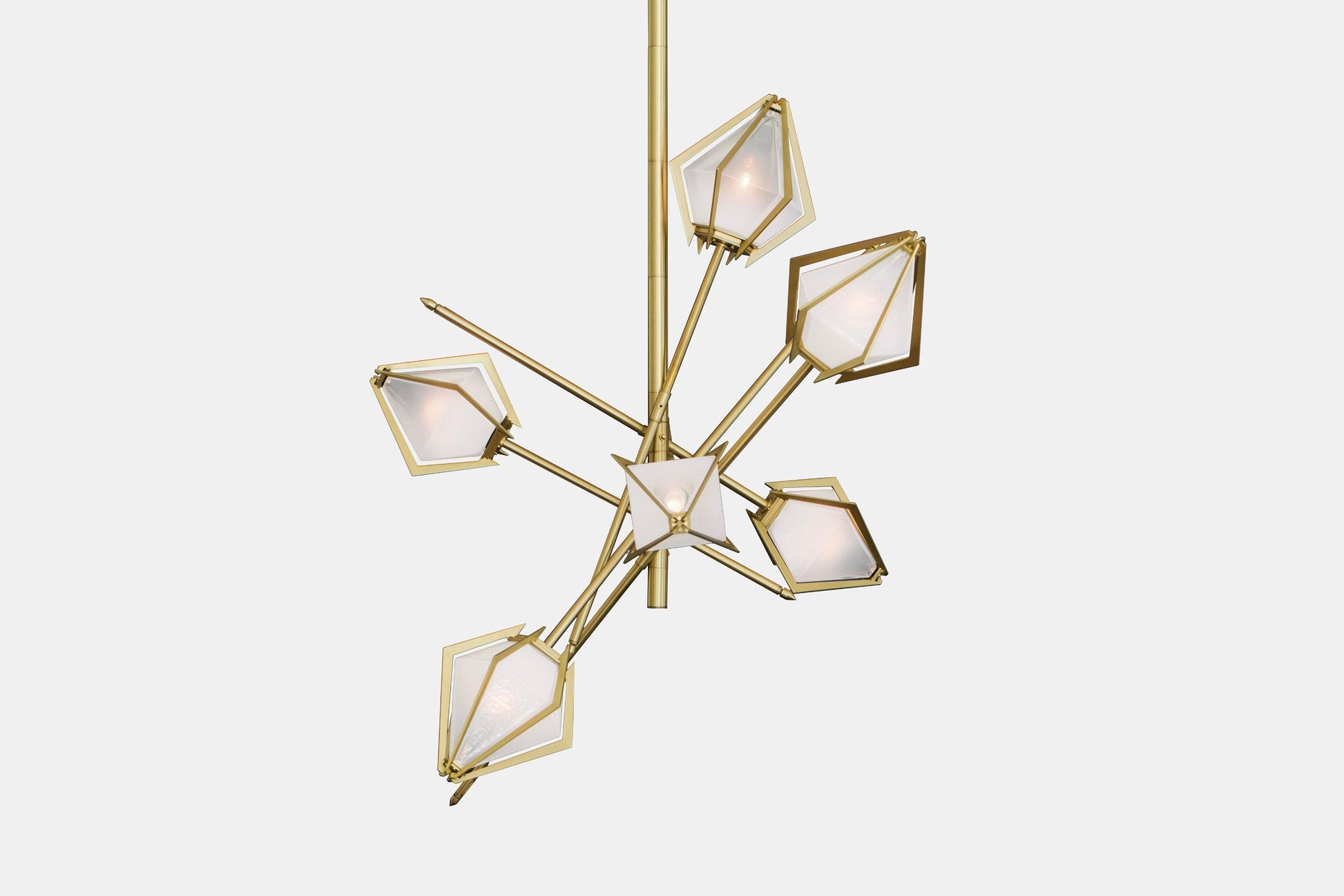 An elegant sculptural luxury lighting fixture, the Harlow Small Chandelier inspired by jewellery design, features a mold-blown glass gem in a chic metallic setting. The blown glass, made to order lighting creates a diffused soft light, with the prong inspired hardware adding glamour to each contemporary light fixture.