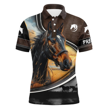 Polo équestre marron all-over homme avec cheval brun majestueux et inscription Passion Équitation, prénom personnalisé