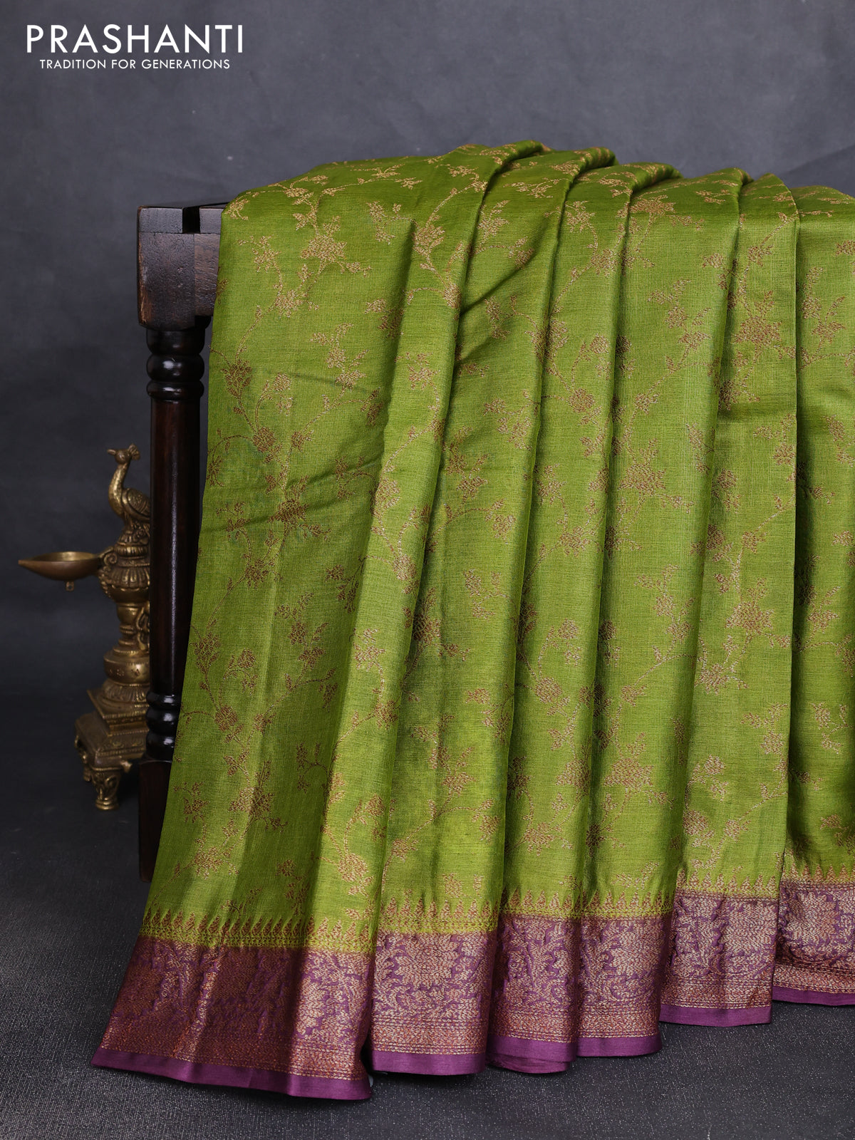 Banarasi tussar silk saree mehendi green and wine shade with allover thread & zari weaves and woven border