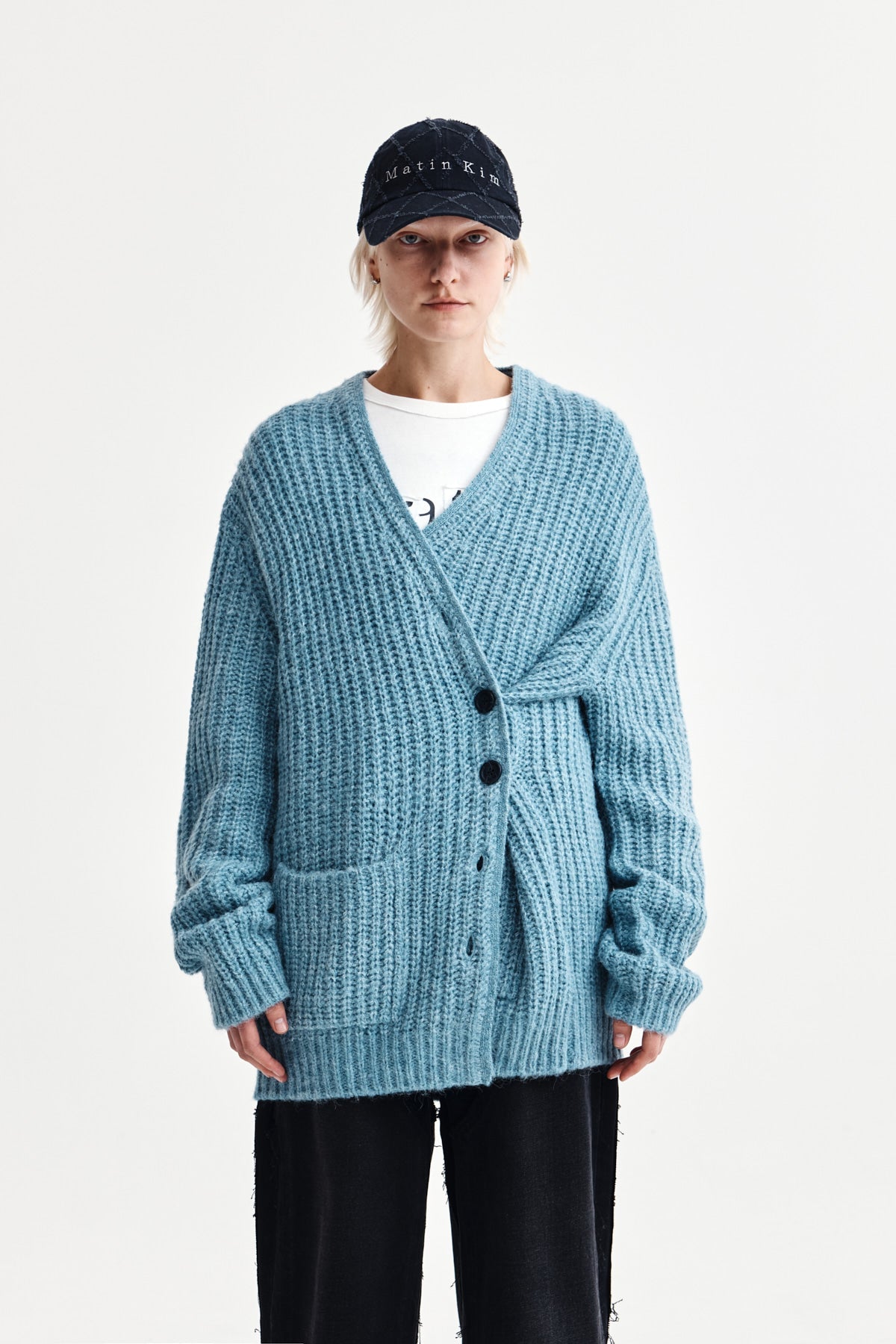 MATIN KIM SIDE BUTTON POINT OVERFIT CARDIGAN IN LIGHT BLUE