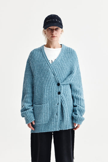 MATIN KIM SIDE BUTTON POINT OVERFIT CARDIGAN IN LIGHT BLUE