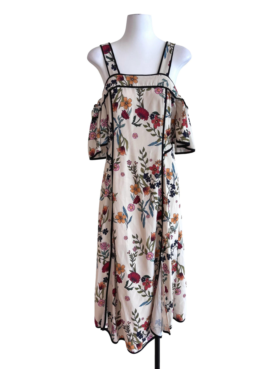 Cream Floral Pattern Off-Shoulder Dress
