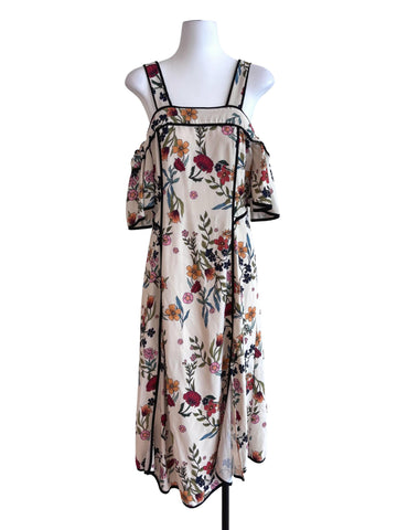 Cream Floral Pattern Off-Shoulder Dress