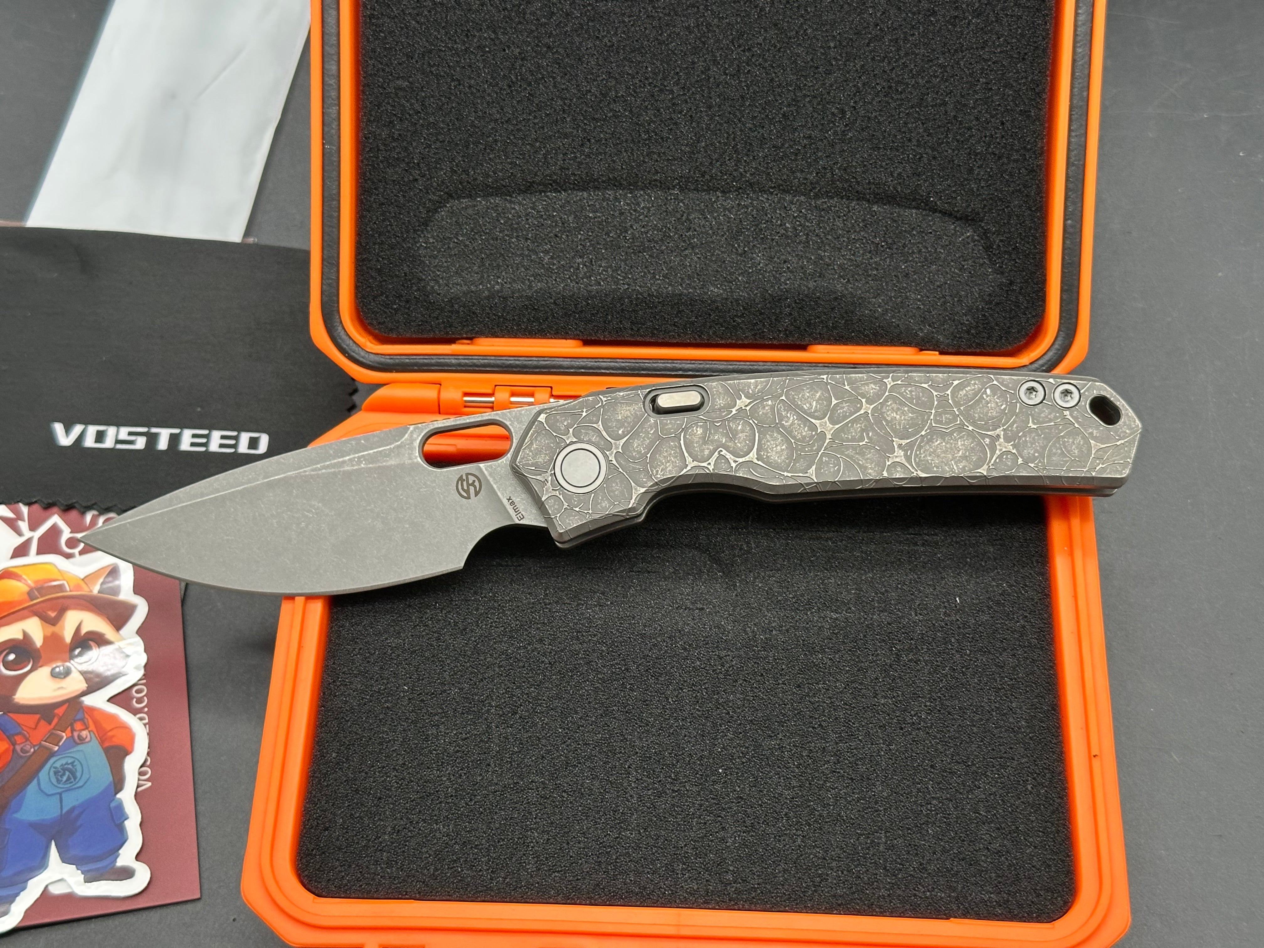 Vosteed Psyop (A2222), Acid Wash/Stonewashed Elmax Blade, Dark Blasted and Tumbled Titanium Handles
