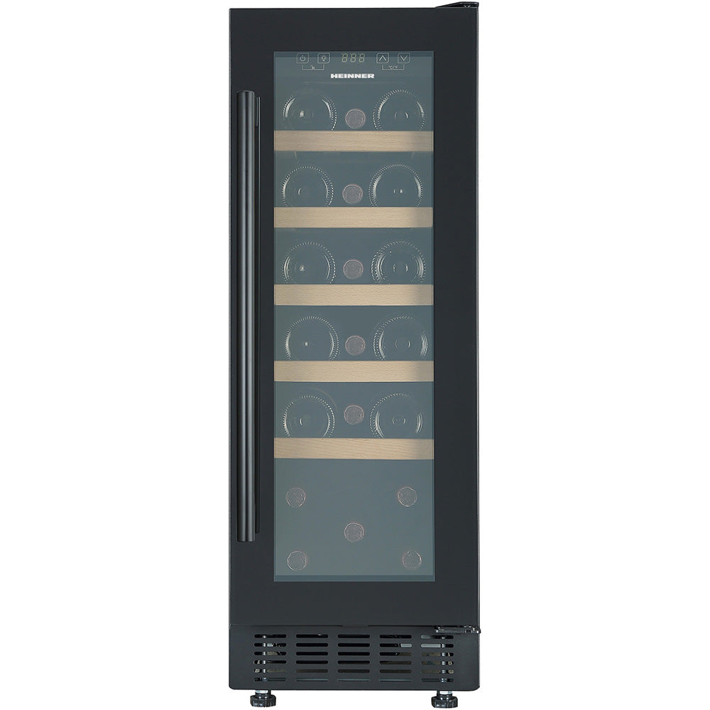 Heinner wijnkoelkast HRV-ABI56DRL20 met glazen deur, zwart frame, houten leggers en digitaal display voor 20 flessen wij