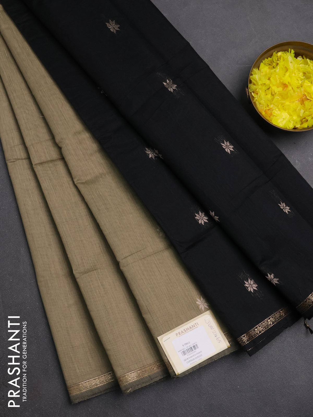Semi maheswari cotton saree beige and black with zari woven buttas and small zari woven border
