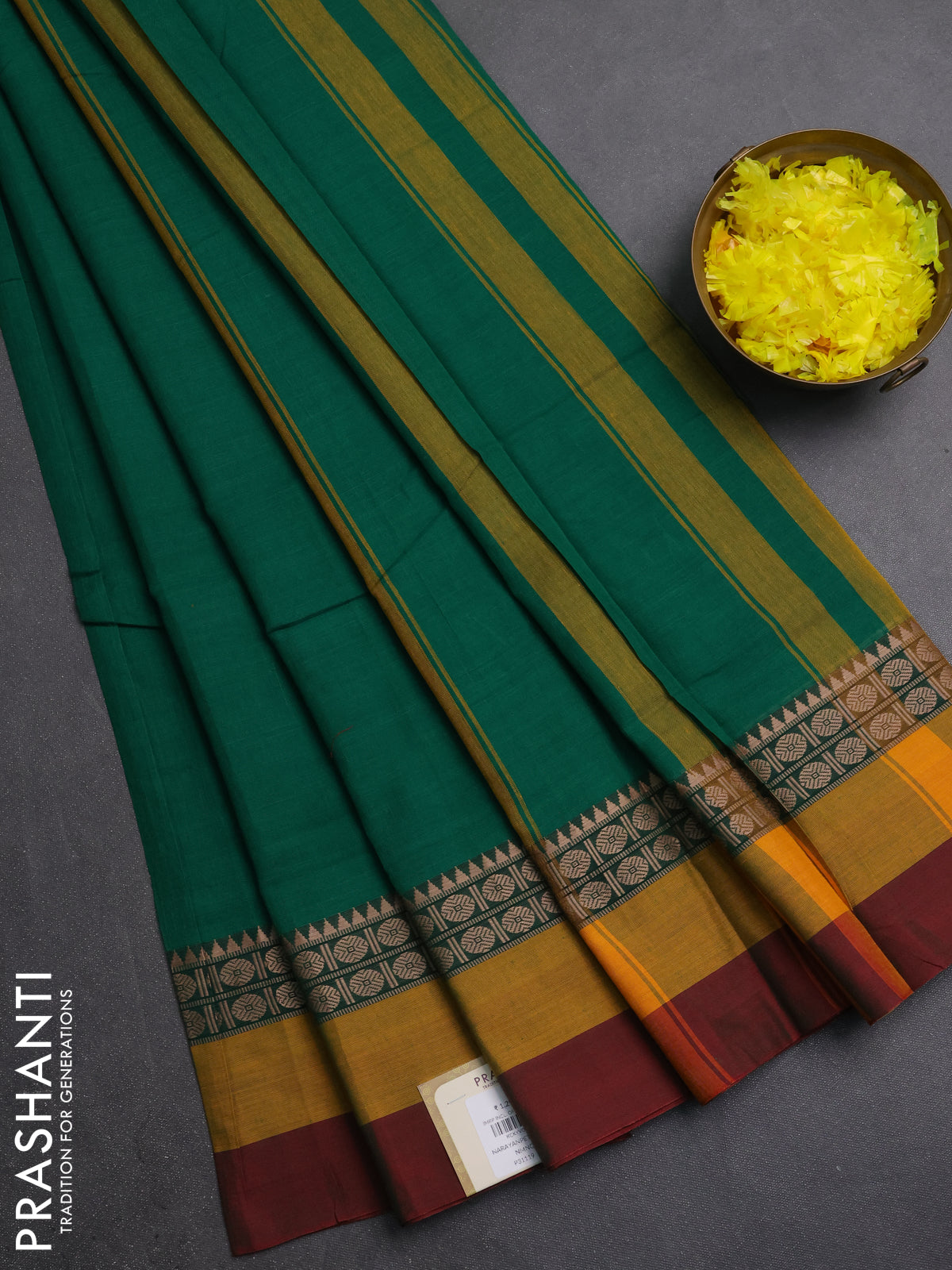 Narayanpet cotton saree green and maroon with plain body and thread thread woven simple border