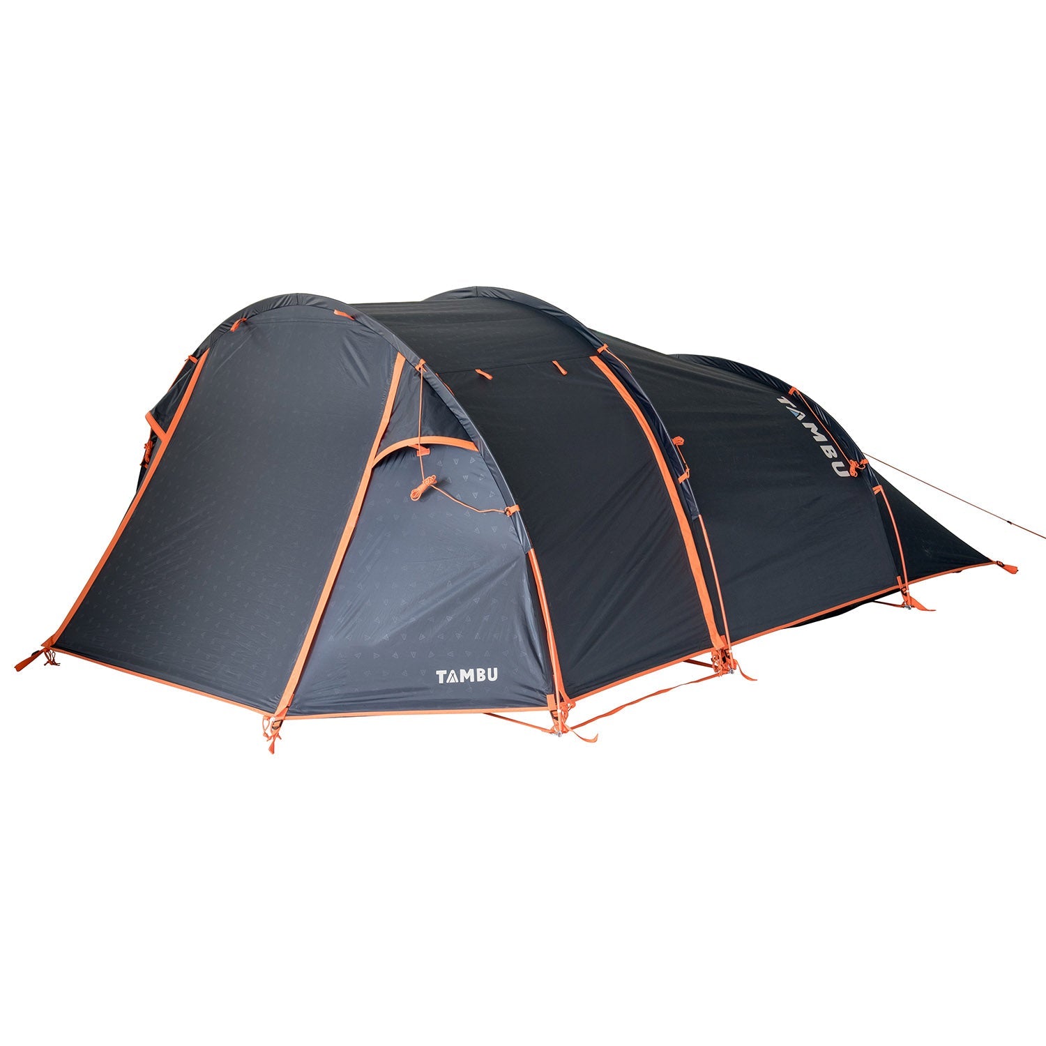 JANGALA 4-Personen Tunnelzelt von Tambu Outdoor in Blau mit orangenen Abspannleinen und zwei Eingängen