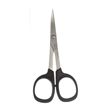 Pair of scissors with black handles on a white background