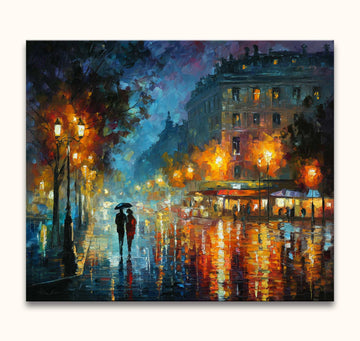 Twee silhouetten onder paraplu in nachtelijk straatbeeld, 'Champs Elysees' in Leonid Afremov-stijl. Handgeschilderd olieverfschilderij, klaar om op te hangen.