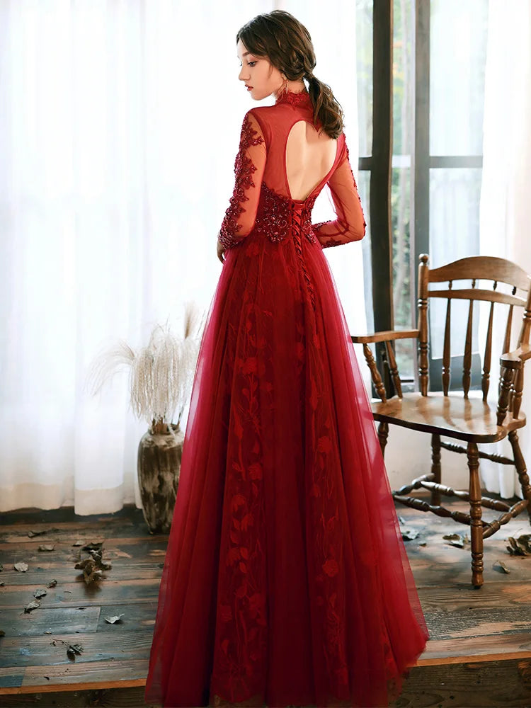 Ball Gown Tulle Wine Red Prom Dress Prom Dresses 2020 Long Sleeve Prom Dresses Alton Specialty
