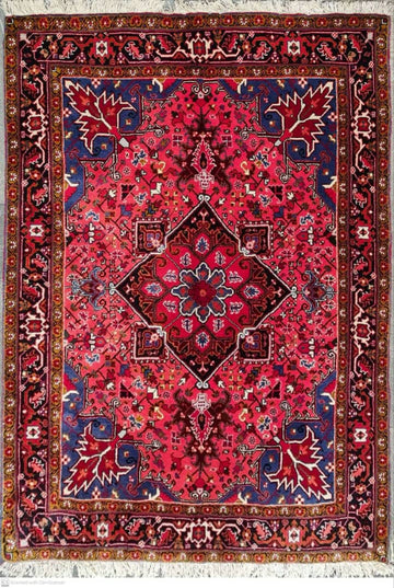 Decorative red and blue patterned rug with intricate designs on a white background- Luxury Rug Handmade Oriental Rug | Handmade in Afghanistan – Bergamot | Luxury Living Room Décor