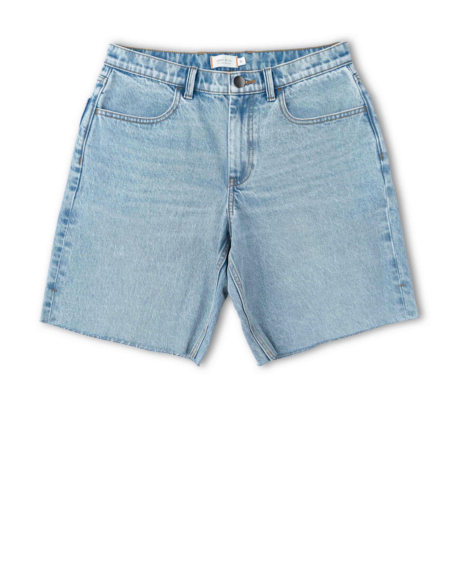 Front of light blue denim shorts on a white background