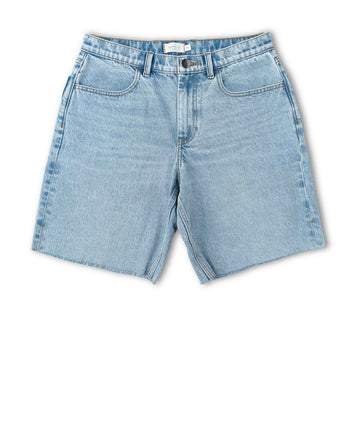 Front of light blue denim shorts on a white background