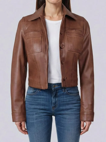 Brown leather jacket worn by a person on a white background