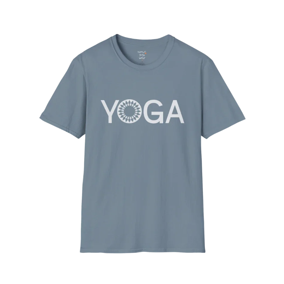 Minimalist YOGA text design with subtle mandala detail — The Vault collection by Ramro Yoga Wear — Stone Blue