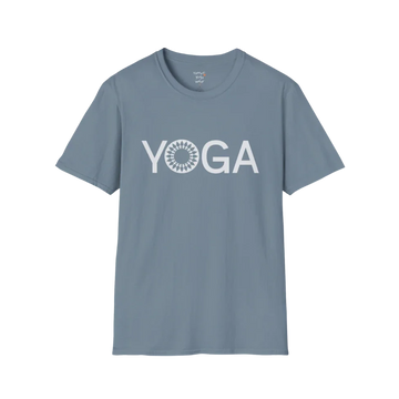 Minimalist YOGA text design with subtle mandala detail — The Vault collection by Ramro Yoga Wear — Stone Blue