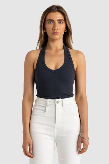 Sunday V Neck Halter Tank Navy