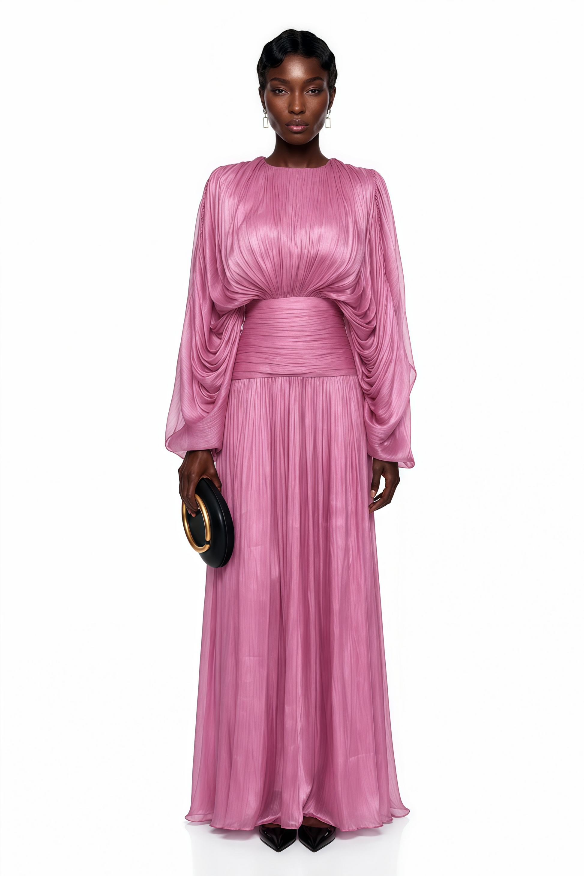 Ophelia Pink Pleated Glossy Maxi Dress