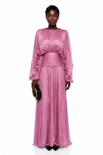 Ophelia Pink Pleated Glossy Maxi Dress