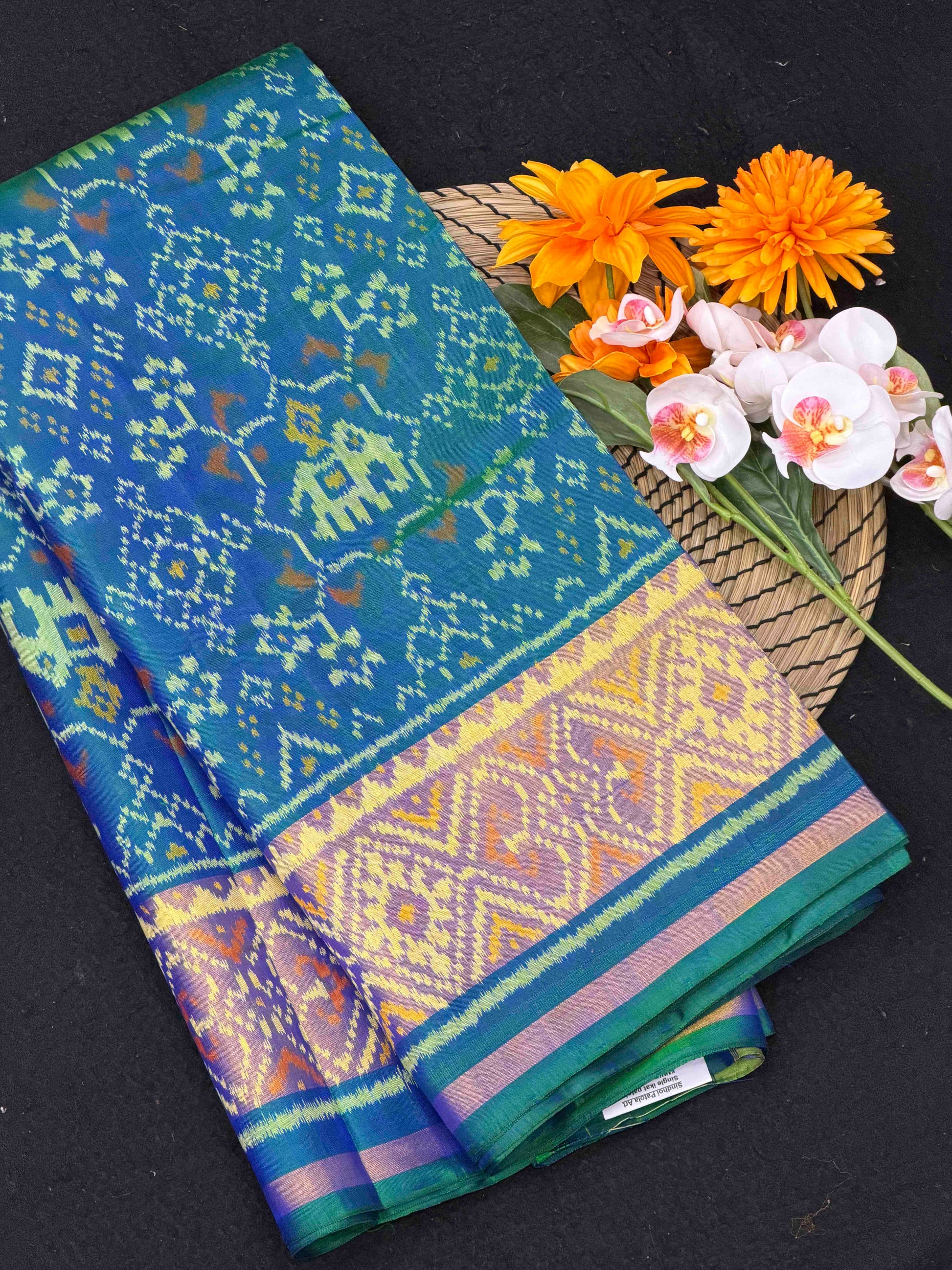 Traditional Peacok blue Rajkot Patola Silk Saree - Handwoven Single Ikat