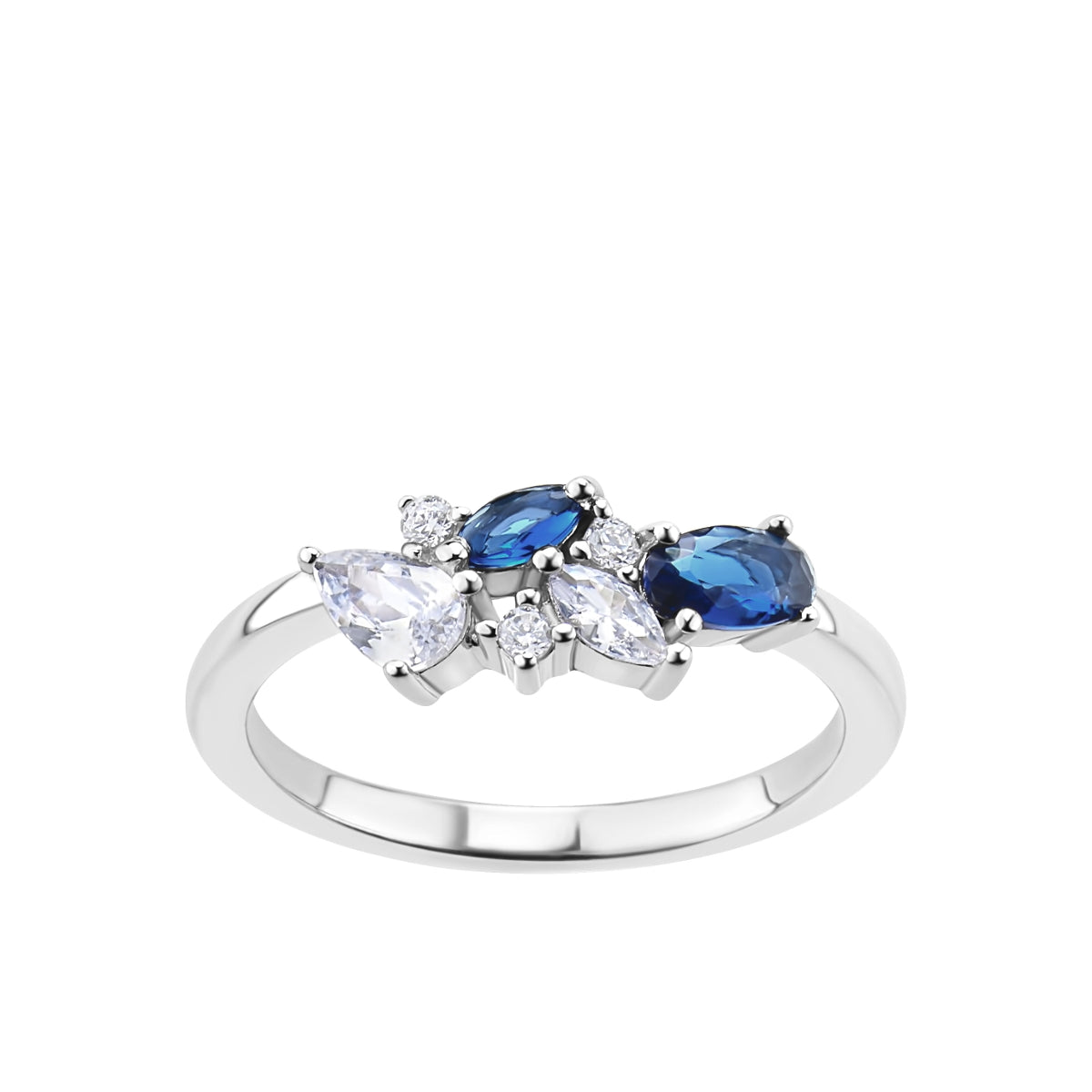 Pierścionek srebrny z niebieskimi i bezbarwnymi cyrkoniami