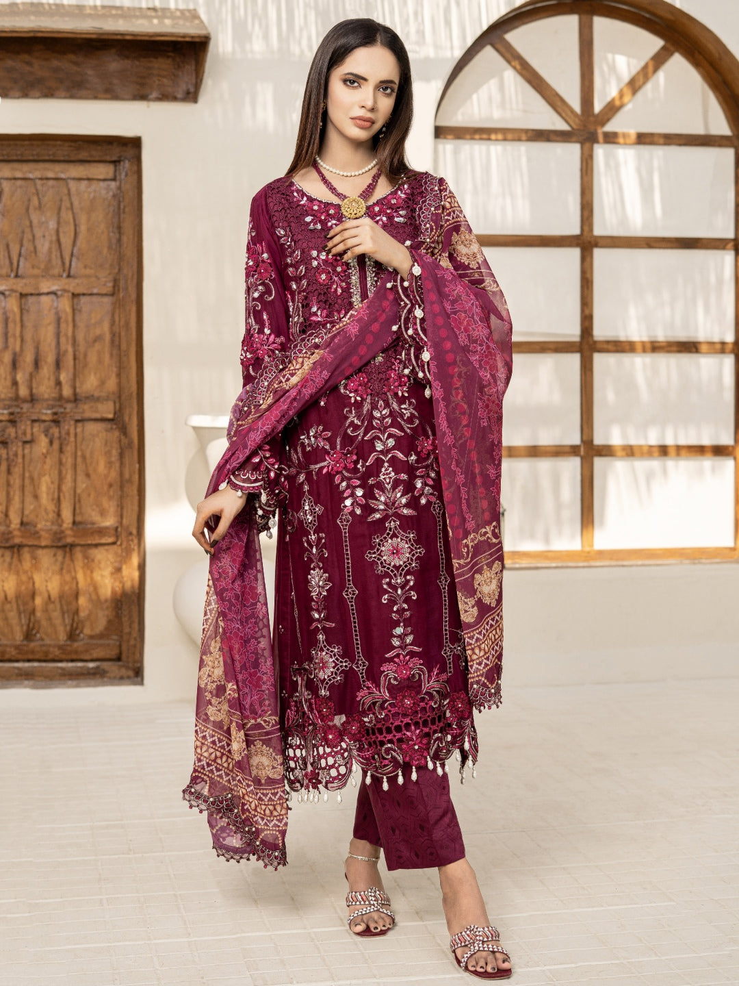 Deep Maroon Chiffon Heavy Embroidered Straight Cut Luxury Wedding Wear
