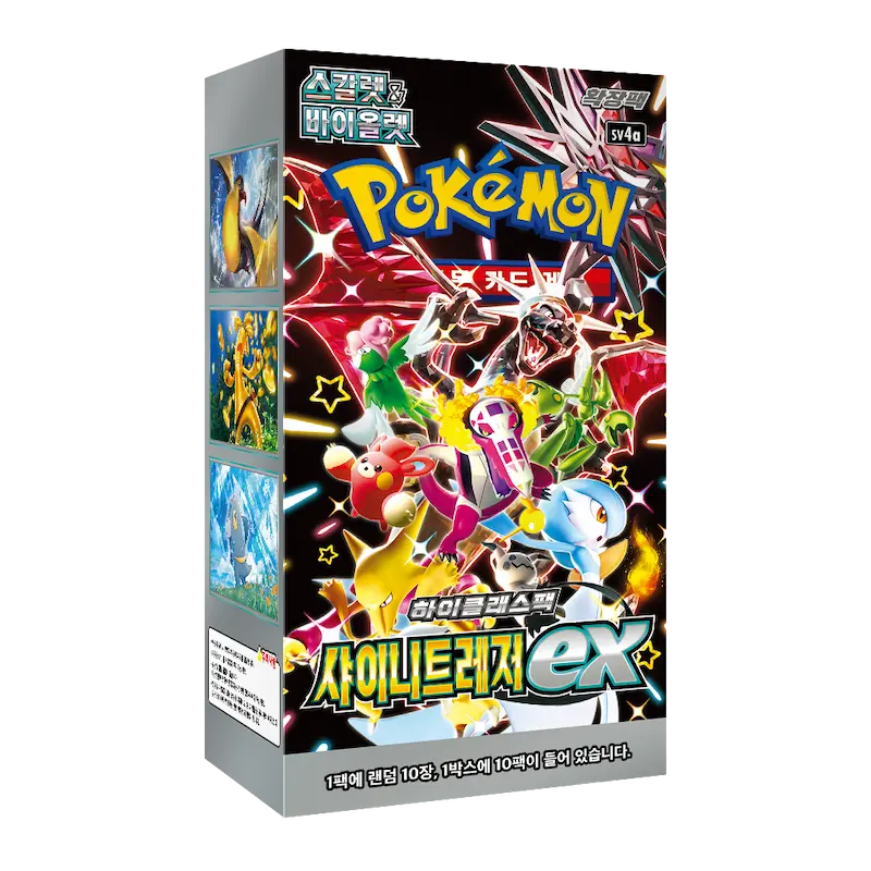 Shiny Treasures EX Korean Booster Box showcasing vibrant Pokemon artwork and details of the card packs.