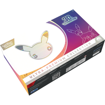 Caja Ultra Premium Pokémon Celebraciones 30 Aniversario con diseño holográfico de Umbreon y detalles en blanco y morado.