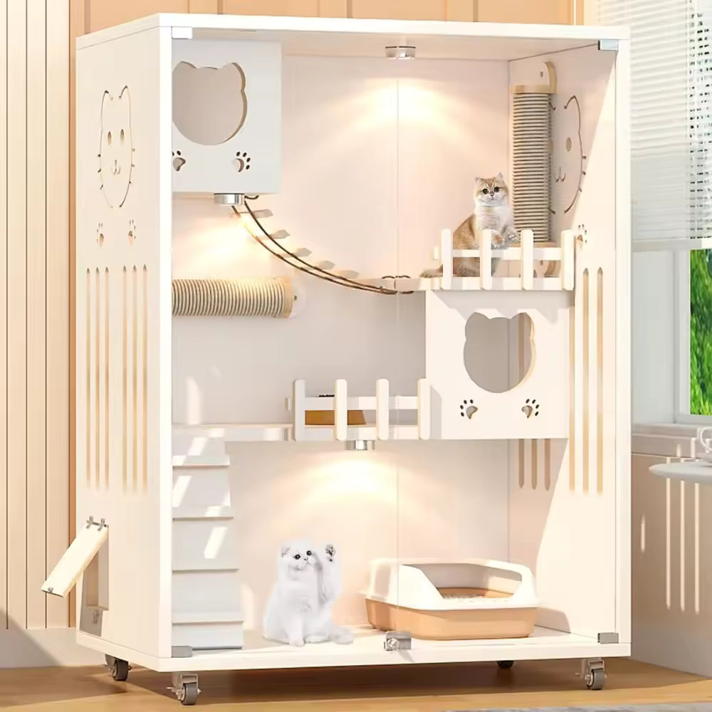 Large Luxury Wood Cat House, Indoor/Outdoor Multi-Feature Cat Condo with Wheels, Enclosed Cat Cage for Cats & Kittens