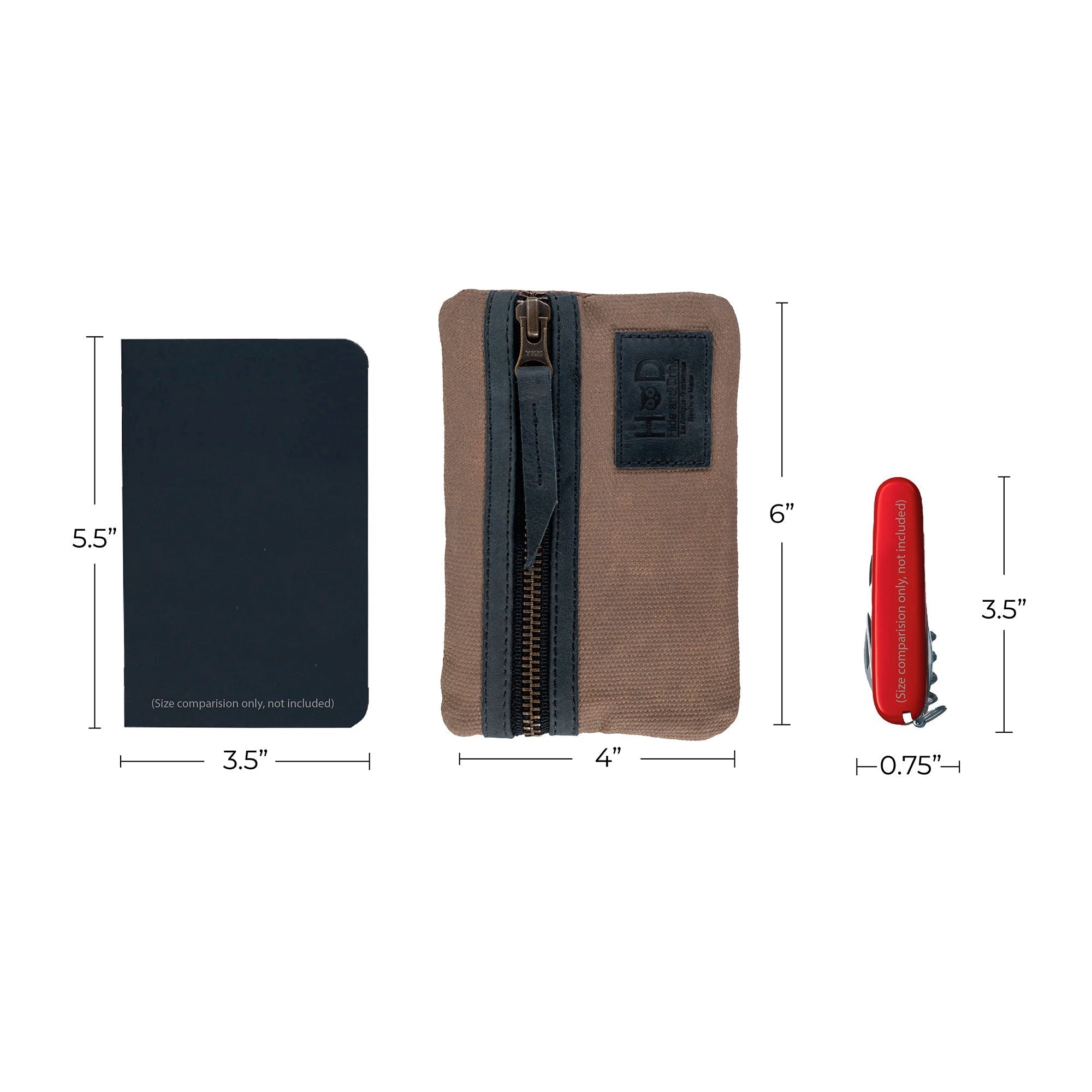 Dimensions of the khaki Multi-tool Pocket Pouch by Hide & Drink, featured alongside tools and a notebook for reference.