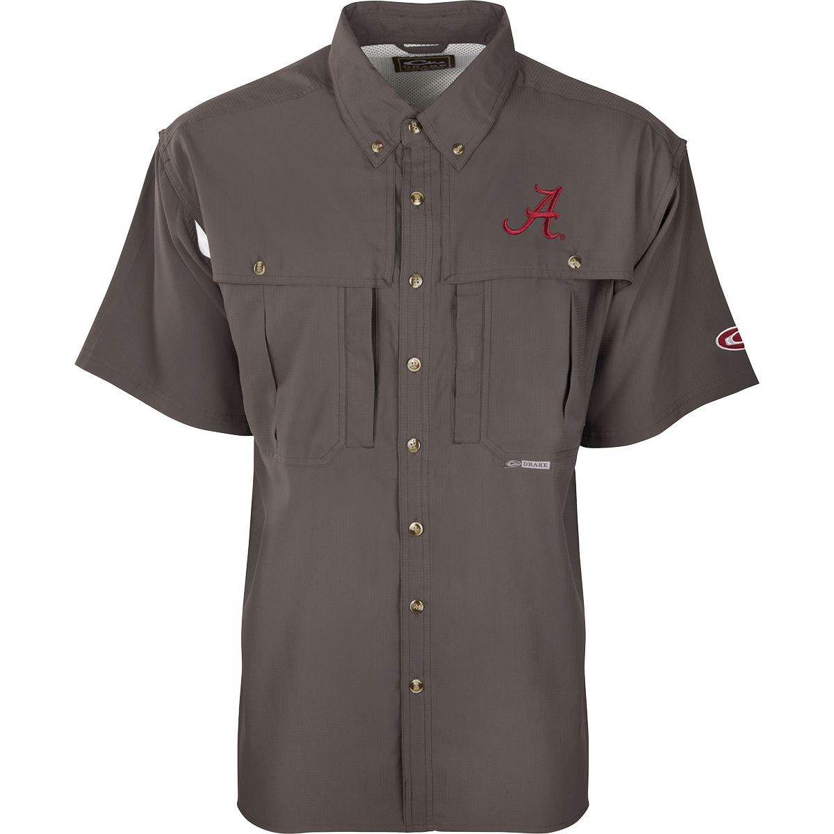 A close-up of the Alabama S/S Flyweight Wingshooter shirt, featuring a logo and red letter. Lightweight and breathable, with moisture-wicking fabric, vented back, and UPF 50+ sun protection. Magnattach™ and zippered pockets included.