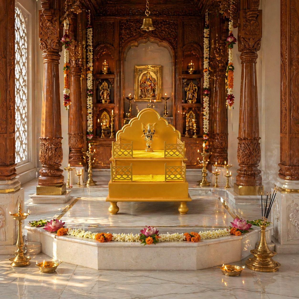 Wooden Singhasan for Home Temple | Handmade Pooja Throne for God Idol | Decorative Mandir Chowki for Laddu Gopal, Krishna & Deity Placement | Golden Finish 2-Step Design (Idol Not Included)