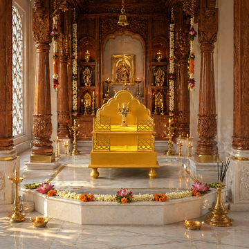 Wooden Singhasan for Home Temple | Handmade Pooja Throne for God Idol | Decorative Mandir Chowki for Laddu Gopal, Krishna & Deity Placement | Golden Finish 2-Step Design (Idol Not Included)