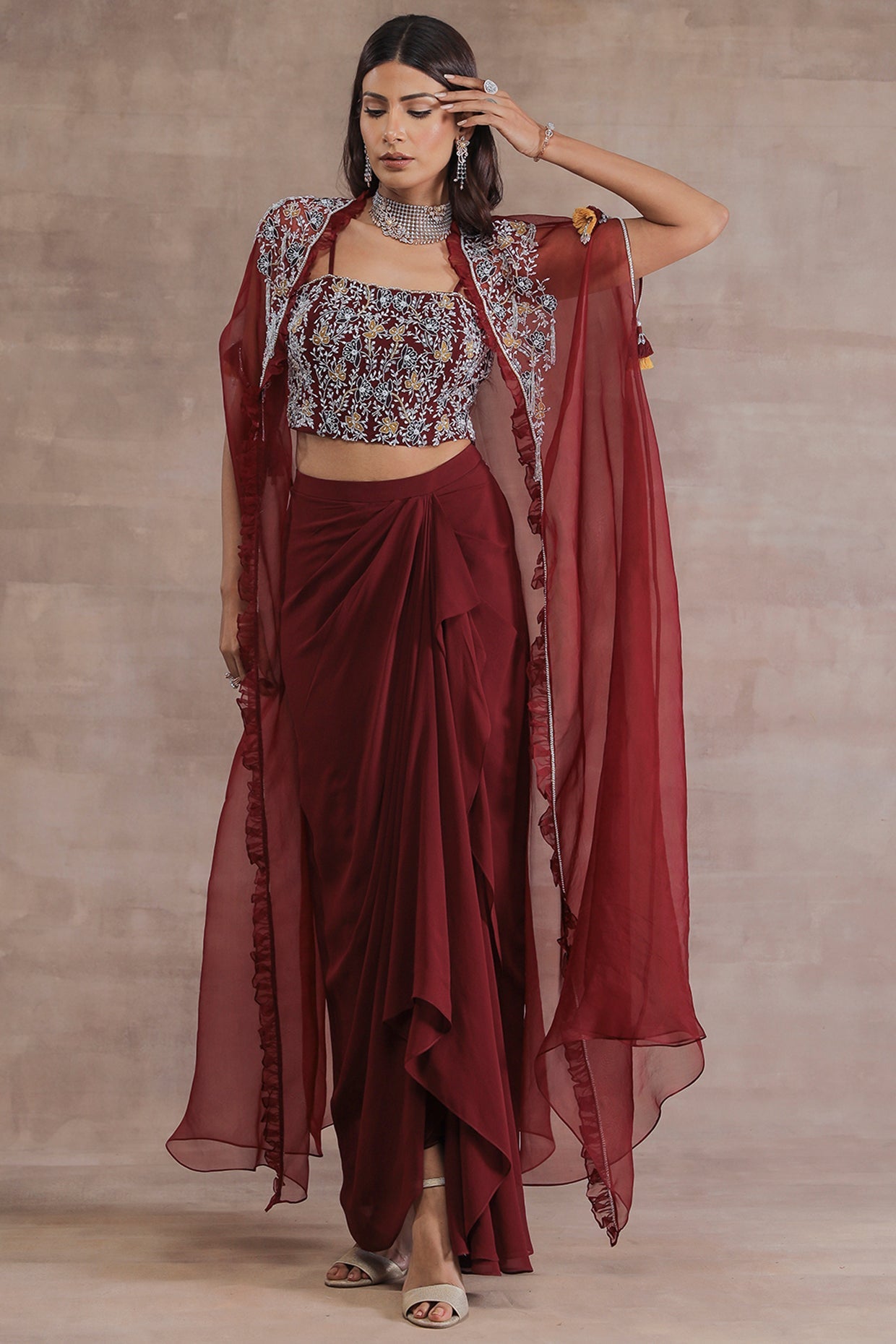 Maroon Organza & Georgette Draped Skirt Set