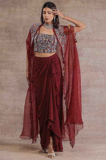 Maroon Organza & Georgette Draped Skirt Set