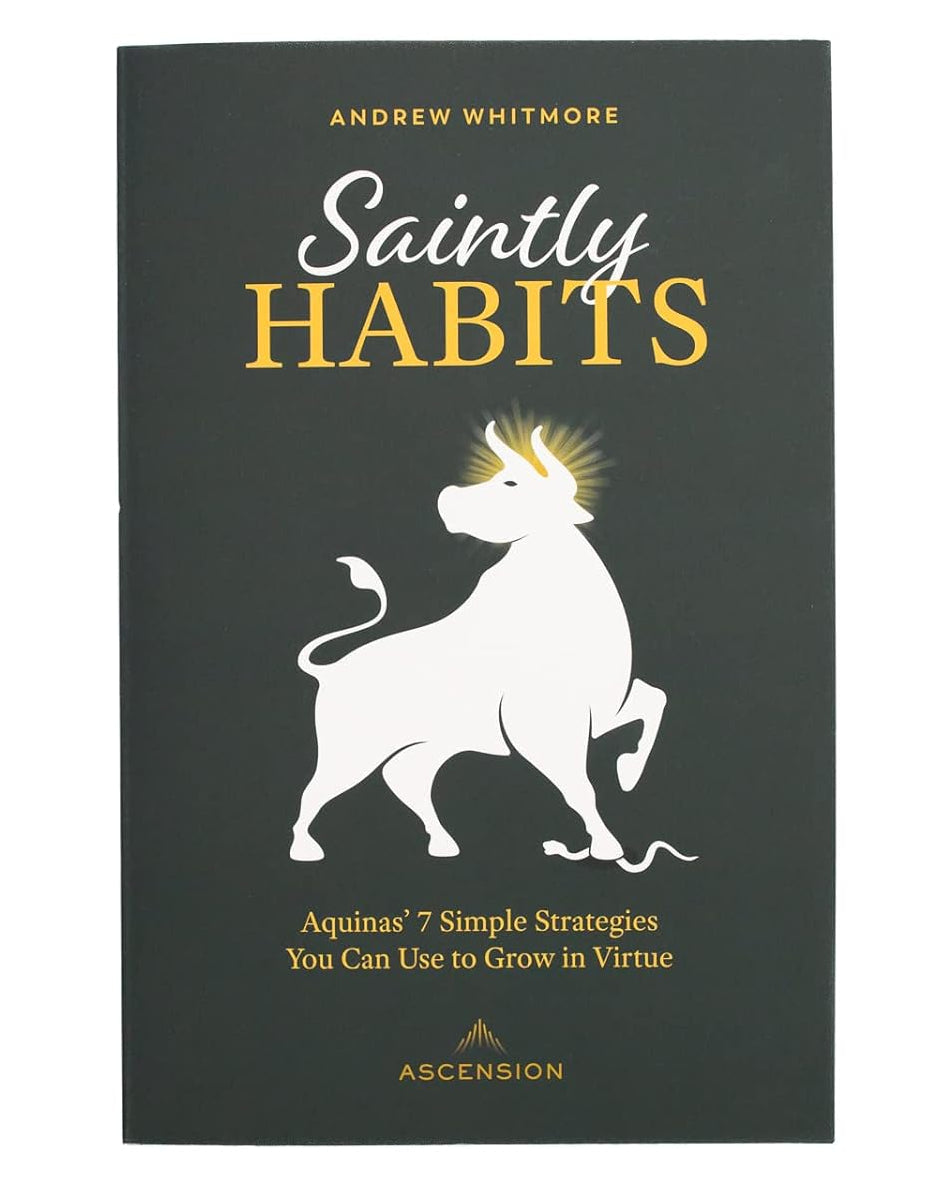 Book cover of 'Saintly Habits' by Andrew Whitmore with a bull illustration on a black background.