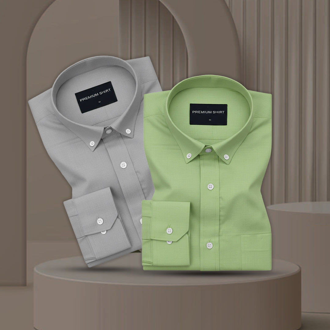 Pack of 2 Oxford Cotton Shirt For Men (Silver & Green)