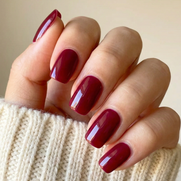 Hand wearing Superset crimson crush semicured gel nail stickers. burgundy solid colour nails wearing a beige sweater