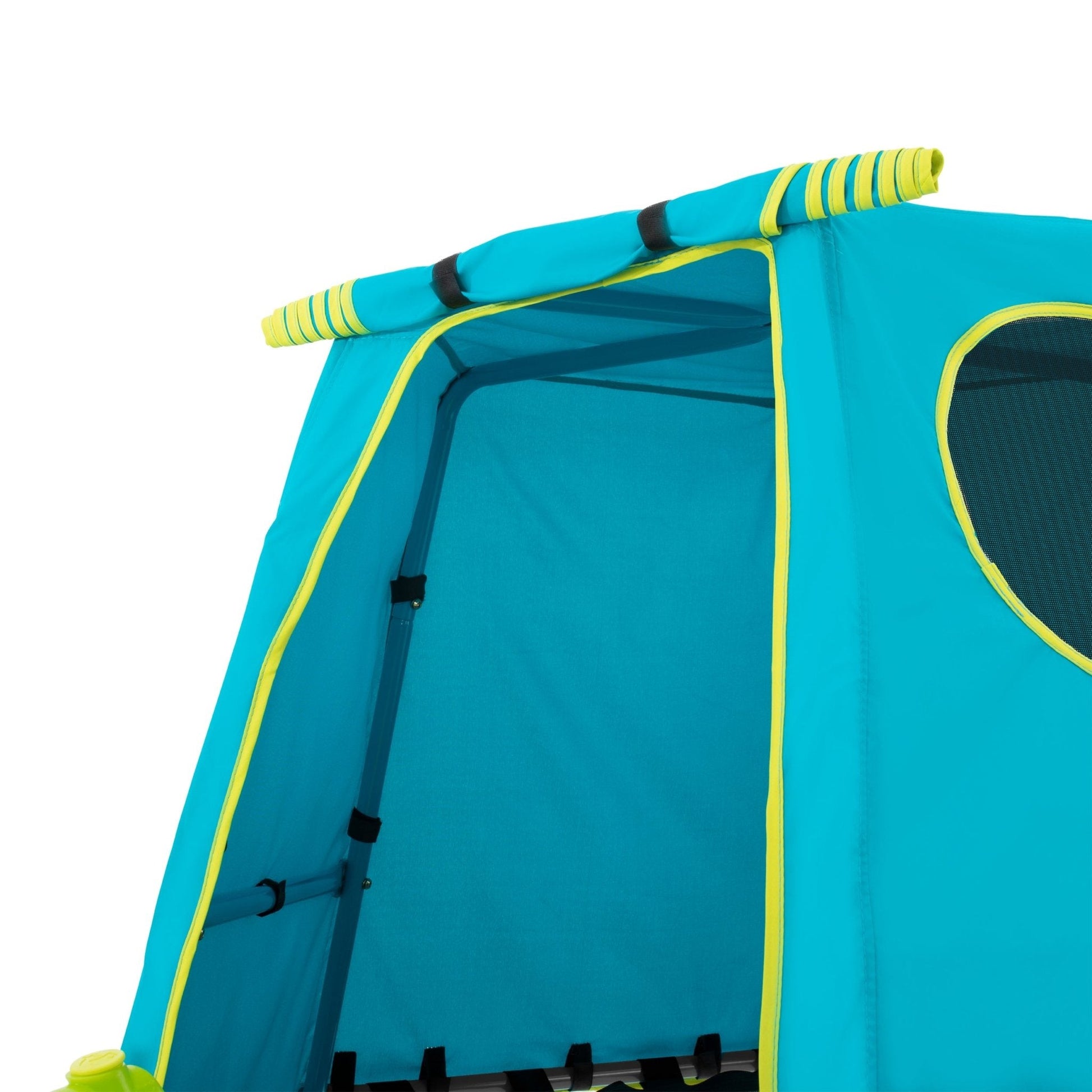The TP Toys TP Explorer Replacement Den, shown in blue with yellow trim, features an open entrance and a round side window—perfect as a new den for your Explorer climbing frame.