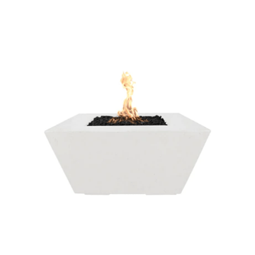 The Outdoor Plus Redan Firepit With Propane Tank Storage In Limestone With Flame On A White Background