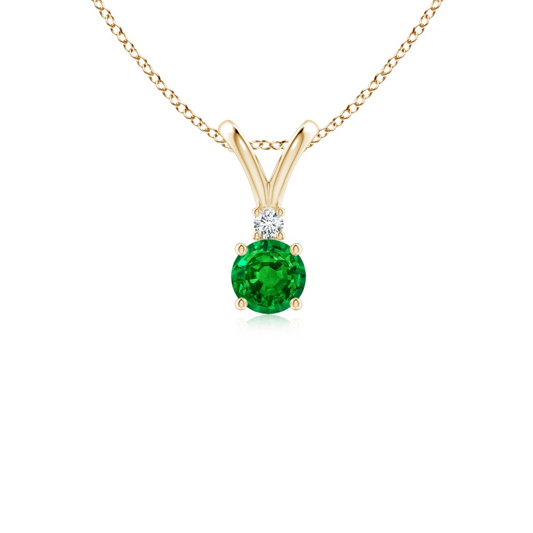 V-Bale Round Lab-Created Emerald with Moissanite Accent Pendant Necklace